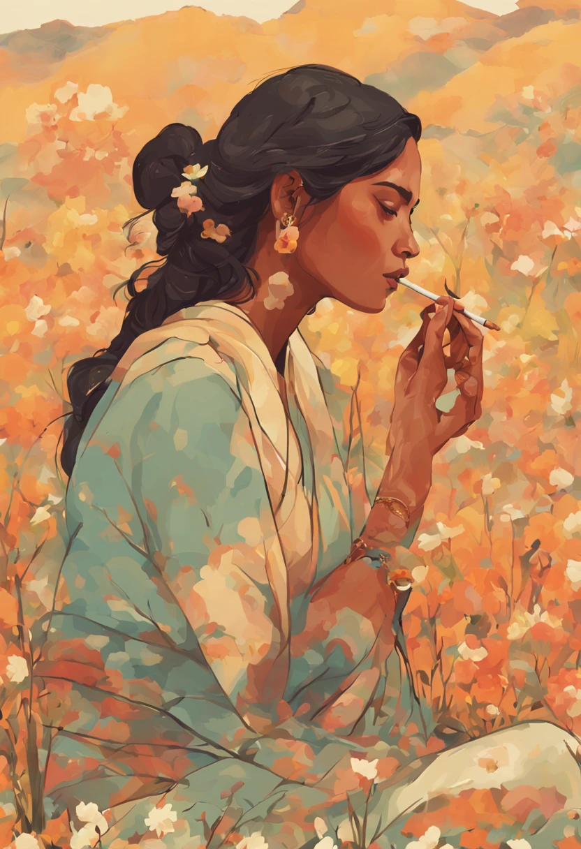 illustration of a indian woman smoking a cigarette in a field of flowers, jen bartel, magazine illustration, lofi portrait, smoking woman, inspired by Yanjun Cheng, illustration style, a beautiful artwork illustration, portrait illustration, by Sergio Burzi, in style of kar wai wong, inspired by mads berg, lofi girl, by Tan Ting-pho, by Ryan Yee