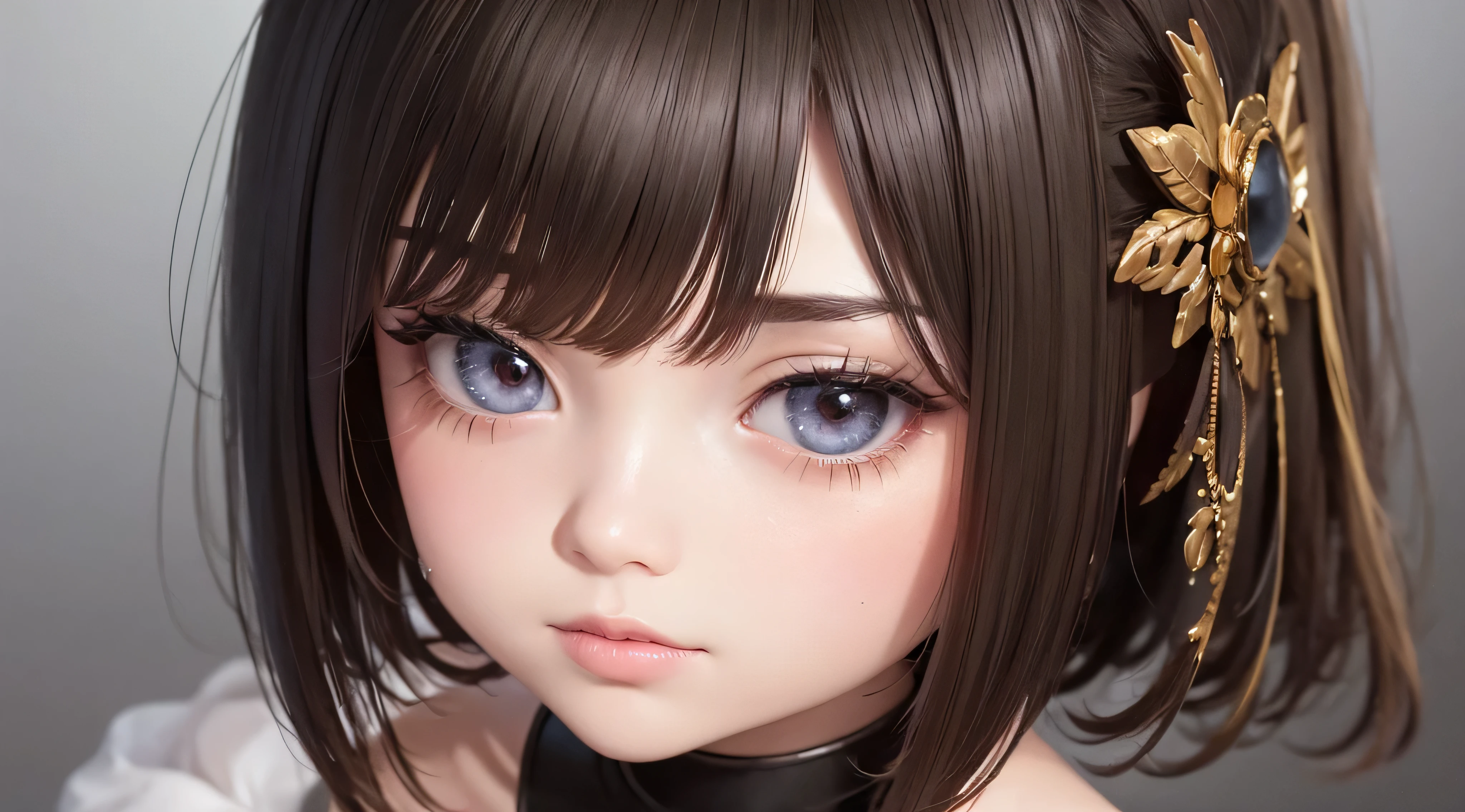 top-quality, masterpiece, A dark-haired, adult lady、blue eyess, look up to, The upper part of the body、Black Short Bob、hime-cut、Very detailed、Adults(Face Close-up)Face Close-up