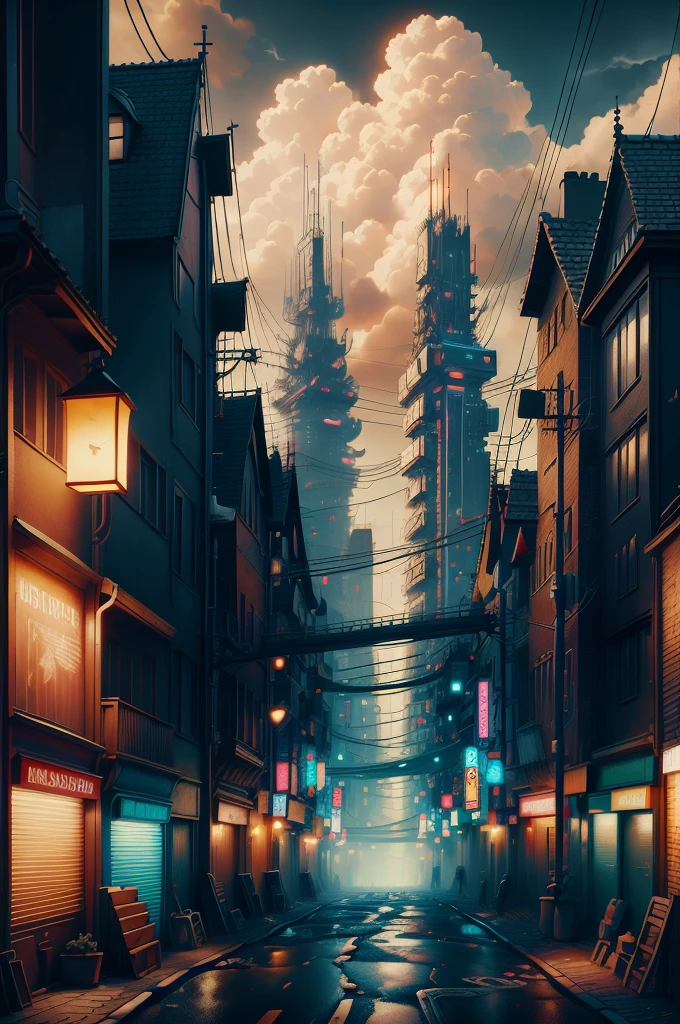 Surrealistic oil painting of giant half burned and bend matchsticks. The matchsticks are standing upright in the streets of a Dutch town like lampposts. Dark hyper realistic detailed painting. Clouded sky. Frame in Photoshop.