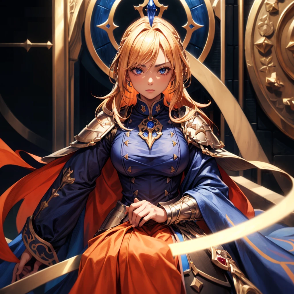 female, tanned skinned,priest,orange vestments,blonde hair,blue eyes,half plate armour,illustration,ultra-detailed,realistic,studio lighting,vivid colors,sharp focus,portraits,blue color palette,sunlight, ruby and sapphires