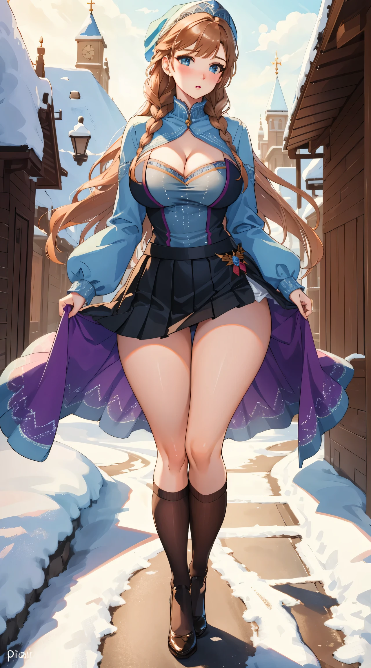 woman, ((Masterpiece, best quality)), full body view, sexy, bursting huge breasts, detailed skin, Anna from Frozen clothes, highly detailed, cinematic lighting, ultra realistic, blush, looking at viewer,  anna, anna from frozen, princess, disney, brown hair, long hair, portrait, outdoor, snow,  cleavage,  large breasts,  wide hips, full body view, tall, 
skirt, miniskirt, microskirt, pleated skirt, thighs,