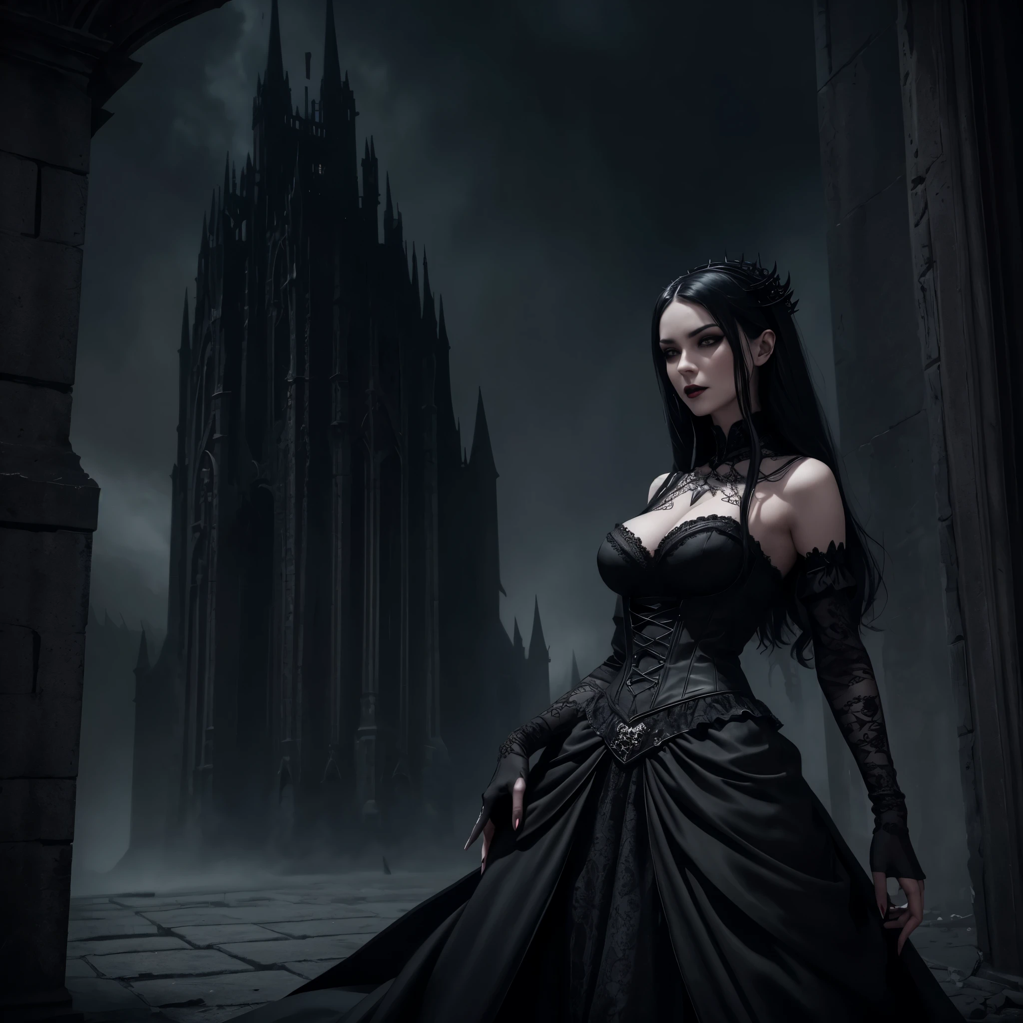 arafed woman in a black dress with a black lace top and a black skirt, gothic maiden of the dark, beautiful vampire female queen, she is attracting lightnings, beautiful vampire queen, beautiful elegant demon queen, gothic maiden, in style of dark fantasy art, dark fantasy mixed with realism, dark city aley in background