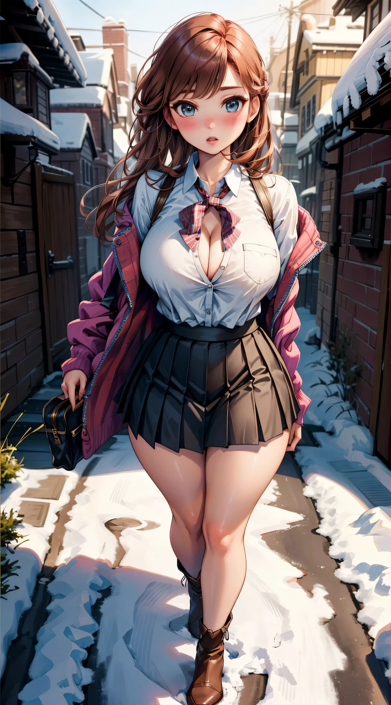 woman, ((Masterpiece, best quality)), full body view, sexy, bursting huge breasts, detailed skin, Anna from Frozen clothes, highly detailed, cinematic lighting, ultra realistic, blush, looking at viewer, anna, anna from frozen, princess, disney, brown hair, long hair, portrait, outdoor, snow, cleavage, large breasts, wide hips, full body view, tall,
skirt, miniskirt, microskirt, pleated skirt, thighs,