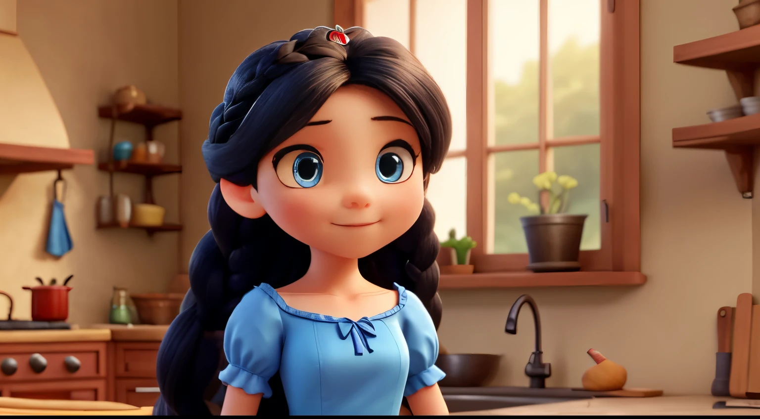 The good princess has long black hair, blue eyes, fair skin, and wears a very modest blu dress. She has two braids that cascade down to her shoulders. In the background a kitchen