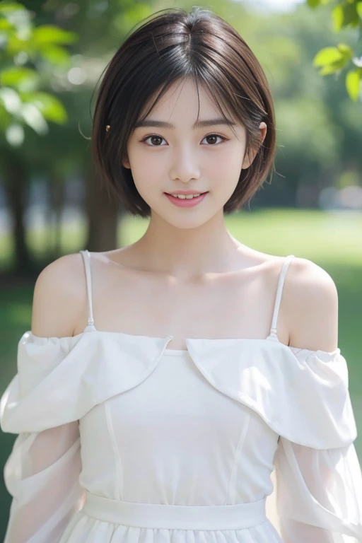 (((masterpiece))), (One beautiful Japanese girl, classmates, Scenery and innocence,kawaii) ,超A high resolution, Realistic, ultra-detailliert, 8K,top-quality, Extremely detailed, Detailed background,A slender,very beautiful japanese girl, Detailed face:1.3), (Boyish short-haired,A dark-haired :1.4), (a baby face,kawaii系,adorable 14 year old girls), (Perfect body:1.1), White Dress, Show your beautiful teeth,Bursting smile, beautiful off shoulder clavicle、Scrunchie,Super Detailed Face、Detailed lips、A detailed eye、small gravure idol,Transparent skin、appearance々Background