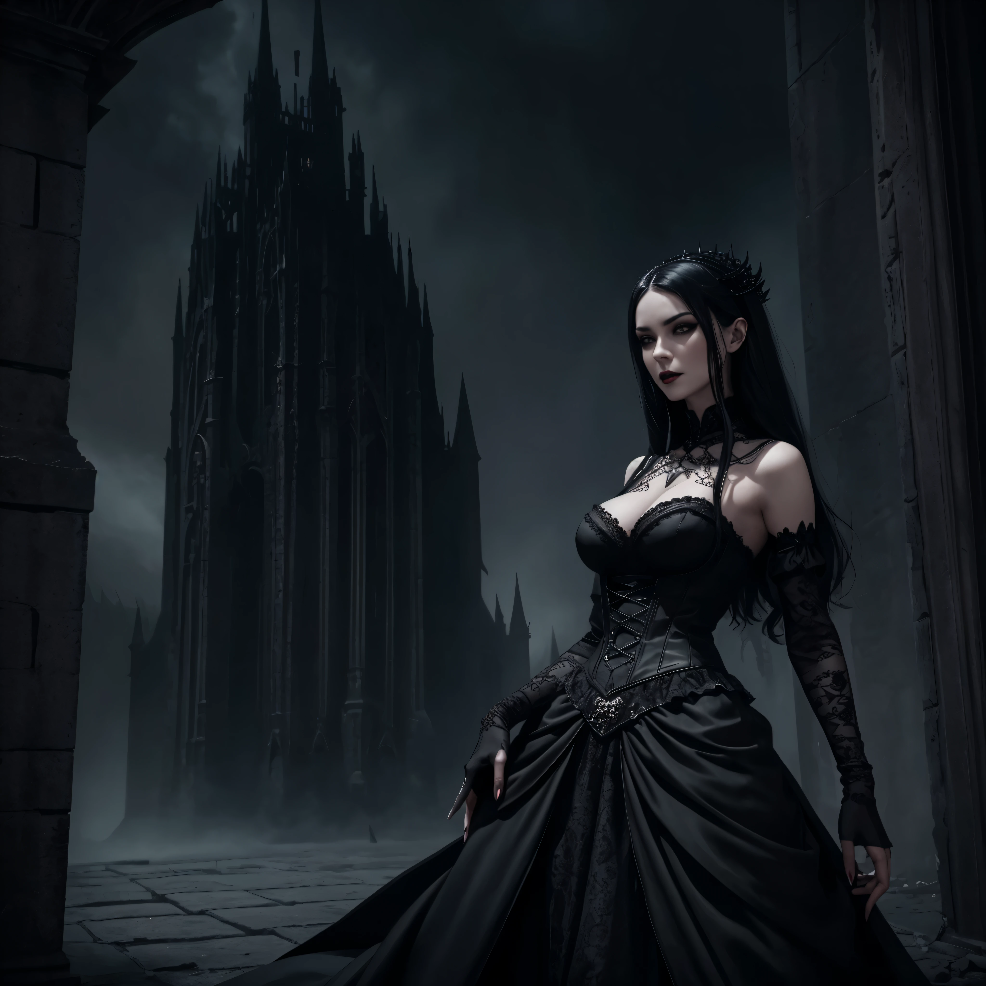 a dark gothic woman in the foreground observes in front of her with a tormented gaze, in the background a full moon