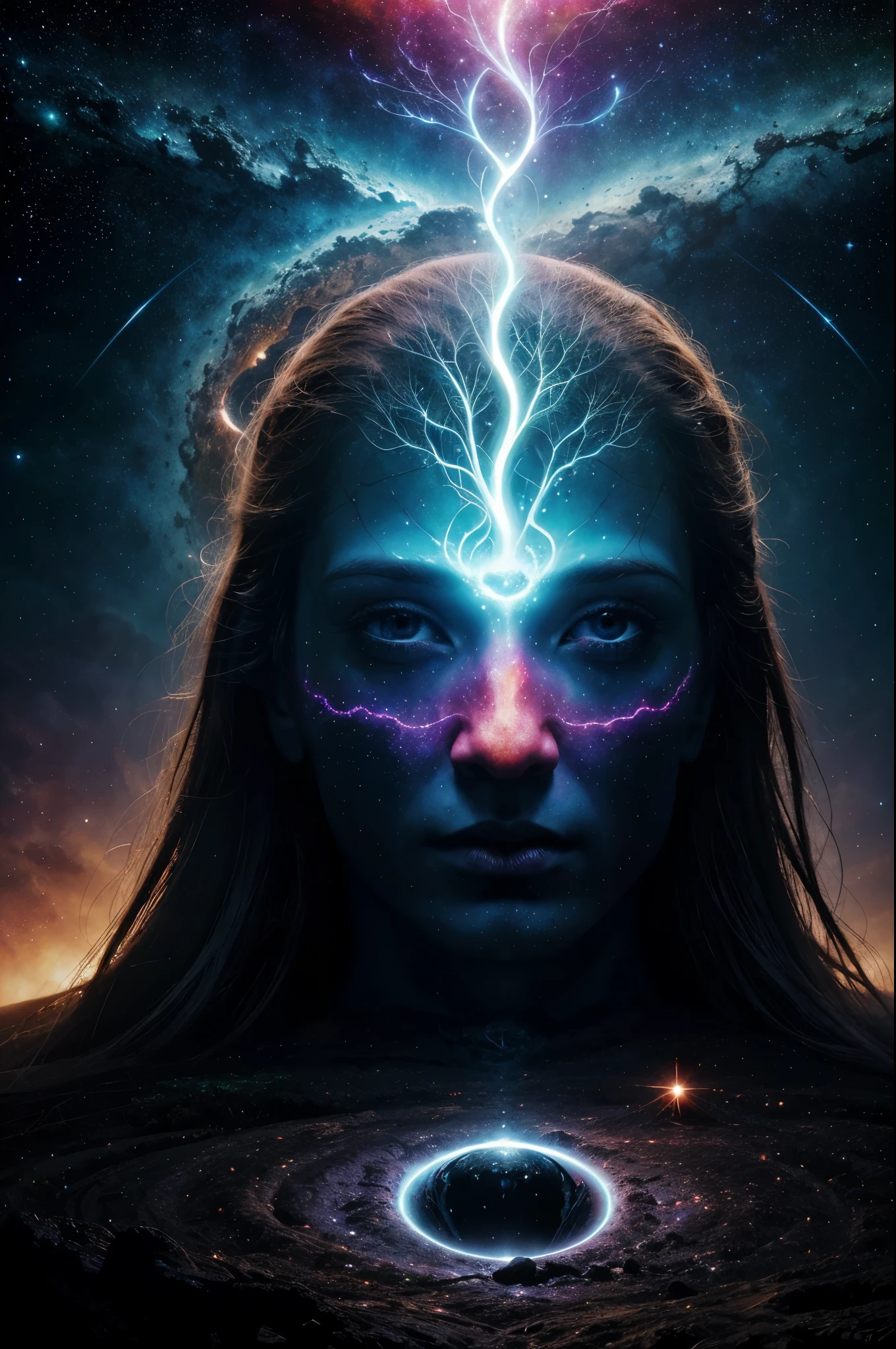 a painting of a silhouette of a human brain or head, transparente com linhas, roots representing pathways or connections within the head, symbolizing evolution and growth before a sky full of stars, cosmic entity, Beksisnski, portal to the ethereal realm, astral projection, ascension, portrait of a cosmic entity, astral appearance, emanando com aura, luzes, Viagem Astral, portal 3, um ser interdimensional, Transcendente, cosmic enlightenment, Wojtek Beksinski MacManus com asas douradas simulando um livro, cosmic space background