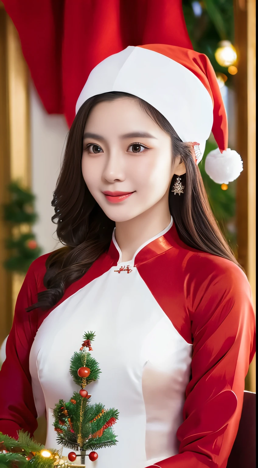 (Beautiful Vietnamese Woman),(Red Ao Dai:1.5),(Santa Claus hat:1.2),Christmas tree,Christmas atmosphere, black hair, Surrealism, 8k, super detail, UHD, masterpiece, ccurate, textured skin, super detail, high details, high quality, best quality