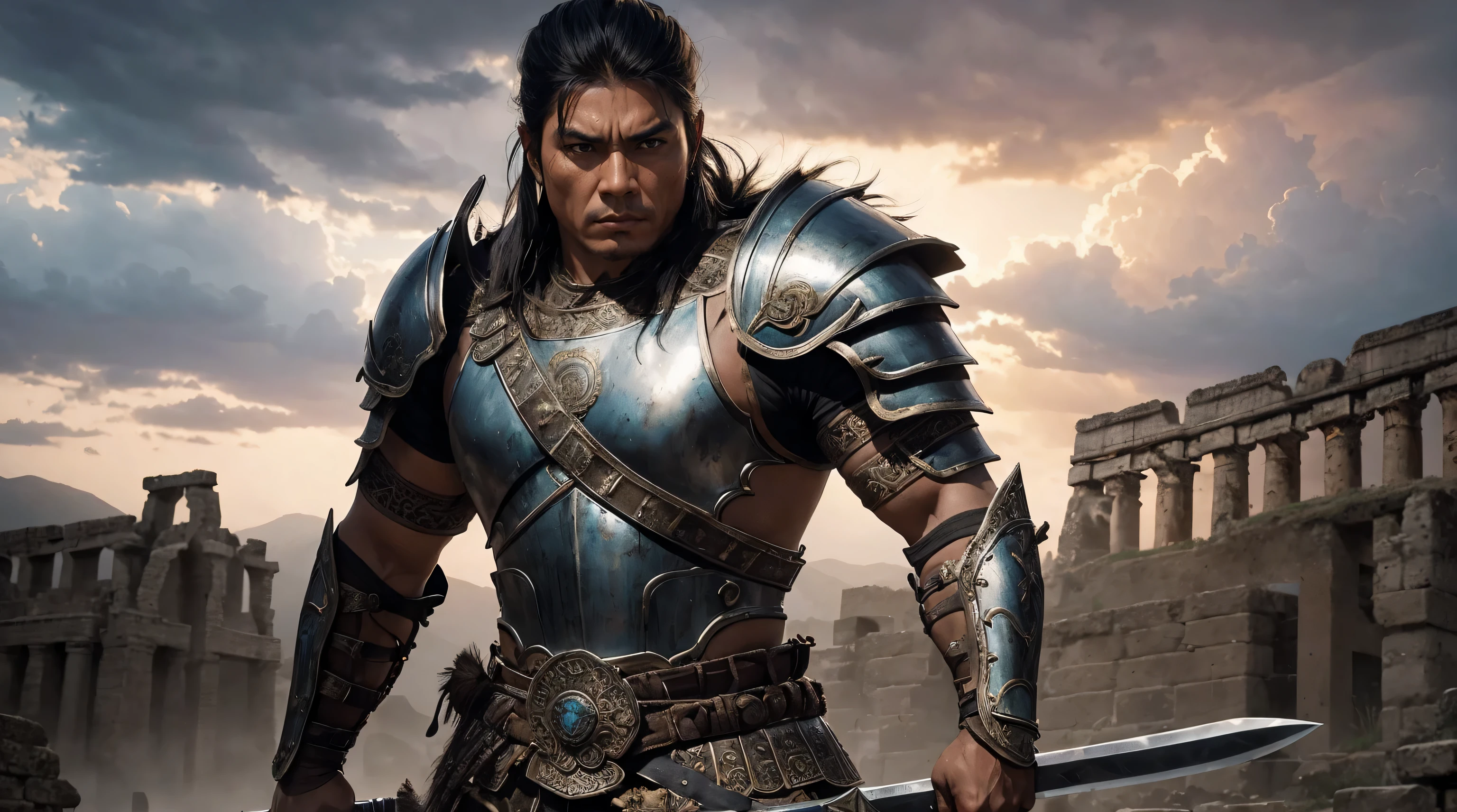 Create a digital masterpiece depicting a fierce warrior from the Norte Chico Civilization, adorned in ancient armor and wielding powerful weapons. Capture their strength and resilience in stunning detail, amidst a backdrop of ancient ruins and a dramatic sky. face look at the camera