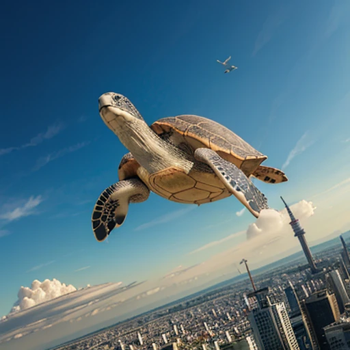 a giant flying sea turtle up on the sky on Tokyo Japan. It up top the city