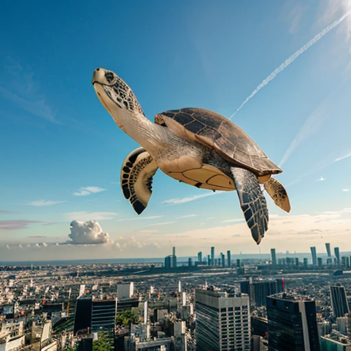 a giant flying sea turtle up on the sky on Tokyo Japan. It up top the city