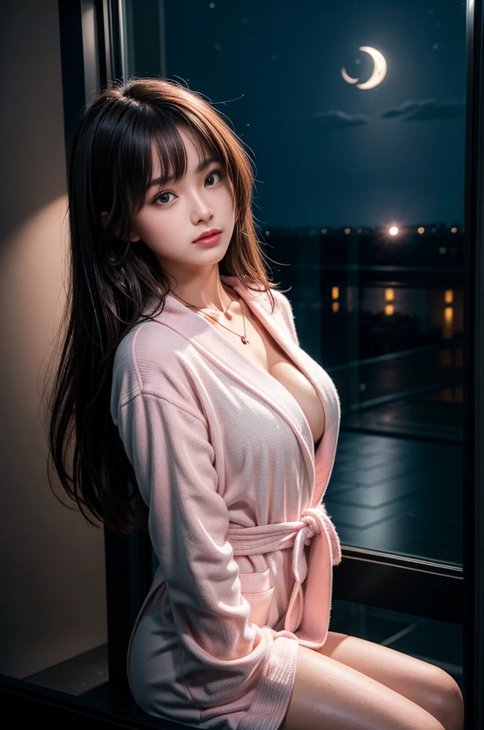 (Photoreal Stick:1.5, masutepiece:1.5, 8K), (top-quality, masterpiece, 超A high resolution), Perfect dynamic composition, Professional camera work:1.4, Highly detailed skin and facial texture:1.3, Mystical portrait:1.3, Grow Light Effect, The ultra-detailliert, 1girl in, ((Night view from inside the building, Pitch black room:0.9, The moonlight at night shines through the glass)), (Pink bathrobe), Model body type, Clear face, (Beautiful and seductive eyes:0.9, Enraptured look:1.0, i love you completely:0.8, A mouthfeel that feels beautiful eros:0.7), (Wet dark brown medium hair), the chest is medium, a necklace, (Leaning against the window, Sit up), ((seductiv))