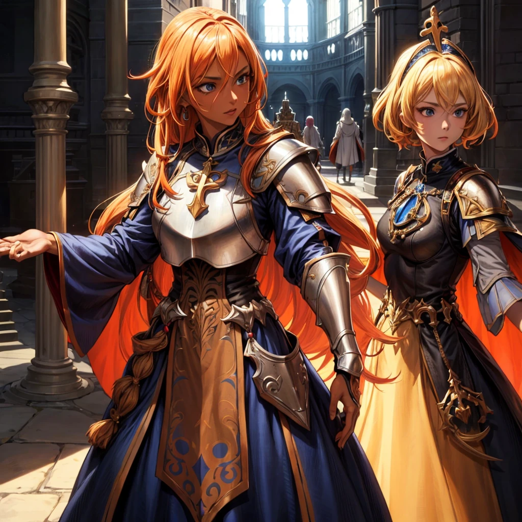 female, tanned skinned,priest,orange vestments,blonde hair,blue eyes,half plate armour,illustration,ultra-detailed,realistic,studio lighting,vivid colors,sharp focus,portraits,blue color palette,sunlight, ruby and sapphires