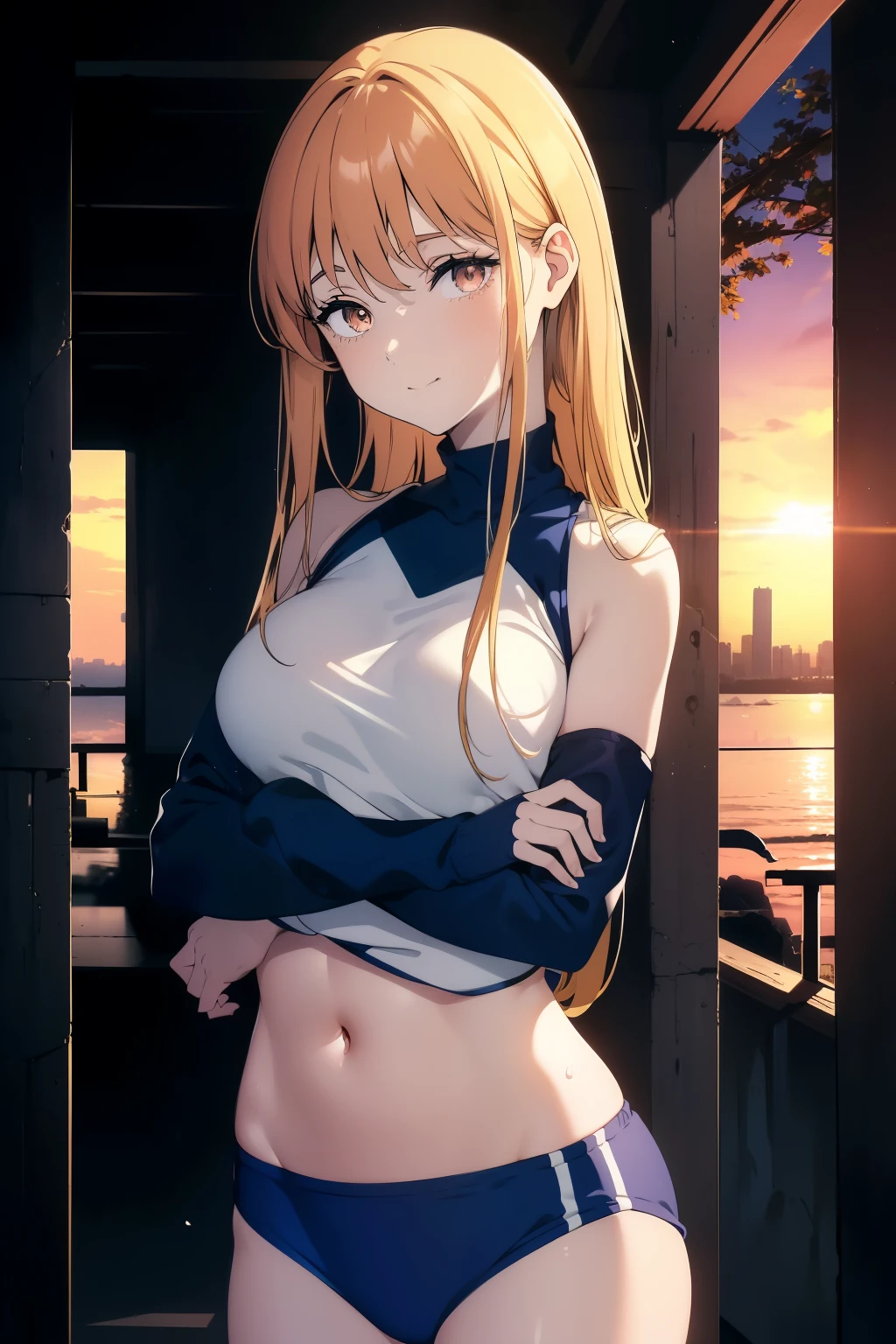 ((Obra maestra, La mejor calidad, ultrahigh resolution)), ((la girl in a gym uniform, blue Japanese ladies gym uniform, ash _blonde:1)), shirt that covers stomach, long hair cut, pale skin, ((brown eyes)), glowing_eyes, neon eyes, ((ultra detailed eyes:0.7, beautiful and detailed face, detailed eyes:0.9)), ((centered)), ((cute smile, pretty)), facing viewer, eye level, ((vibrant background, sunny landscape, cityscape, sunset)), flat chested, looking at viewer, ((half closed eyes)), ((perfect hands)), (((head:1, arms, hips, elbows, in view))), ((hugging her chest)), empty eyes, beautiful lighting, outside, outdoors, background, defined subject, 18 years old, (head tilt),