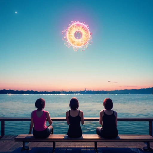 4Sitting on a bench on a empty dock, watching over empty universe with a big shiny donut shaped planet in the background. Candy flying as asteroid. Realistic, neon bright colors