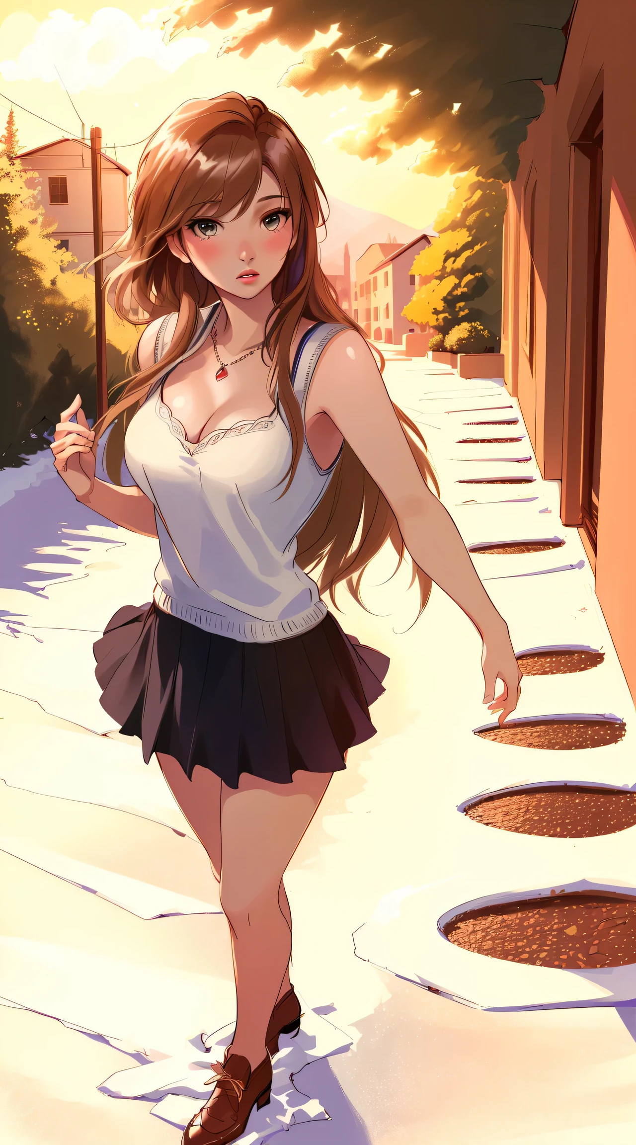 woman, ((Masterpiece, best quality)), full body view, sexy, bursting huge breasts, detailed skin, Anna from Frozen clothes, highly detailed, cinematic lighting, ultra realistic, blush, looking at viewer, anna, anna from frozen, princess, disney, brown hair, long hair, portrait, outdoor, snow, cleavage, large breasts, wide hips, full body view, tall,
skirt, miniskirt, microskirt, pleated skirt, thighs,