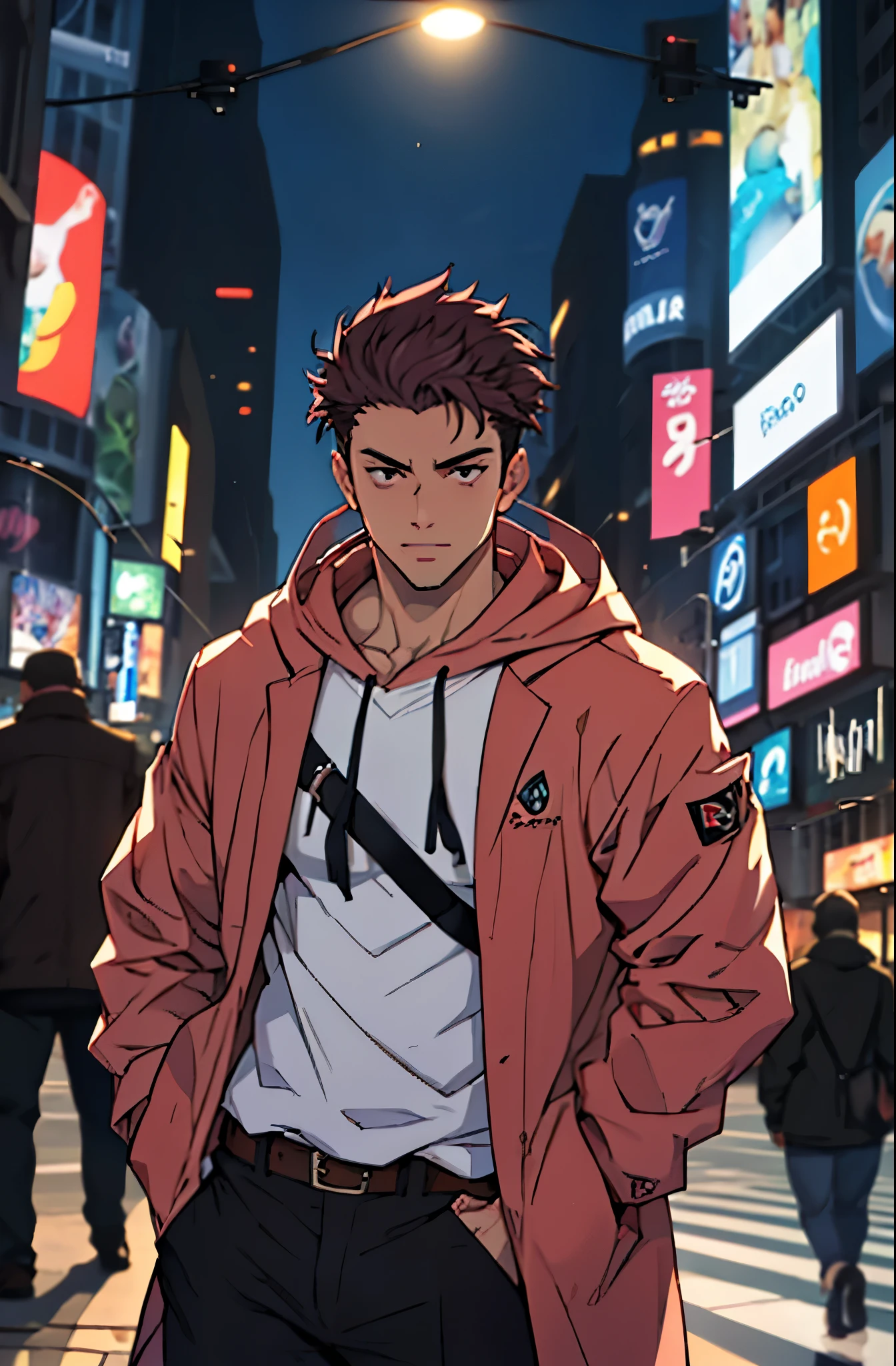 A mais alta qualidade, 8K, image high resolution, good ilumination, sombras detalhadas, Detailed strokes, no meio de uma avenida movimentada estilo Times Square de noite nevando , inverno, apoiado em um dos postes, adolecente, Yuji Itadori, Dark Pink Hair , wearing a cold jacket , masculo, chest a little tight in the shirt , (angulo de baixo), (Angulo de Perto), pernas definidas, defined arms, abdomen definido, com a camisa,