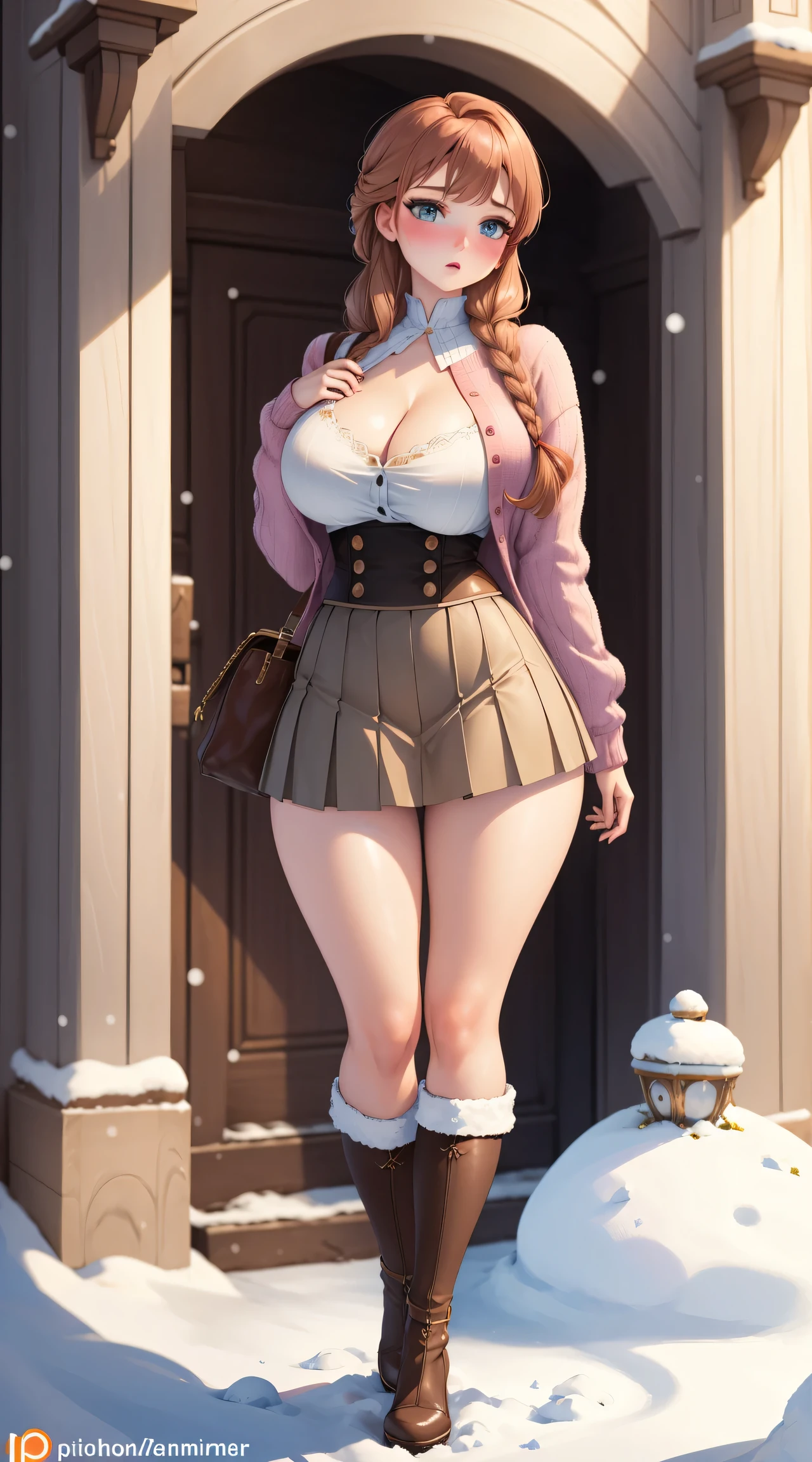 woman, ((Masterpiece, best quality)), full body view, sexy, bursting huge breasts, detailed skin, Anna from Frozen clothes, highly detailed, cinematic lighting, ultra realistic, blush, looking at viewer, anna, anna from frozen, princess, disney, brown hair, long hair, portrait, outdoor, snow, cleavage, large breasts, wide hips, full body view, tall,
skirt, miniskirt, microskirt, pleated skirt, thighs,