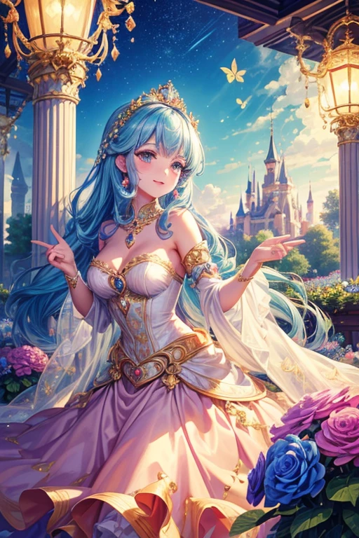 (best quality,4k,8k,highres,masterpiece:1.2),very beautiful princess,royal attire,detailed crown,enchanted garden,fairytale castle,sparkling jewels,heavenly sky,colorful flowers,dancing butterflies,elegant posture,gentle smile,endless beauty,vivid colors,soft lighting,magical atmosphere