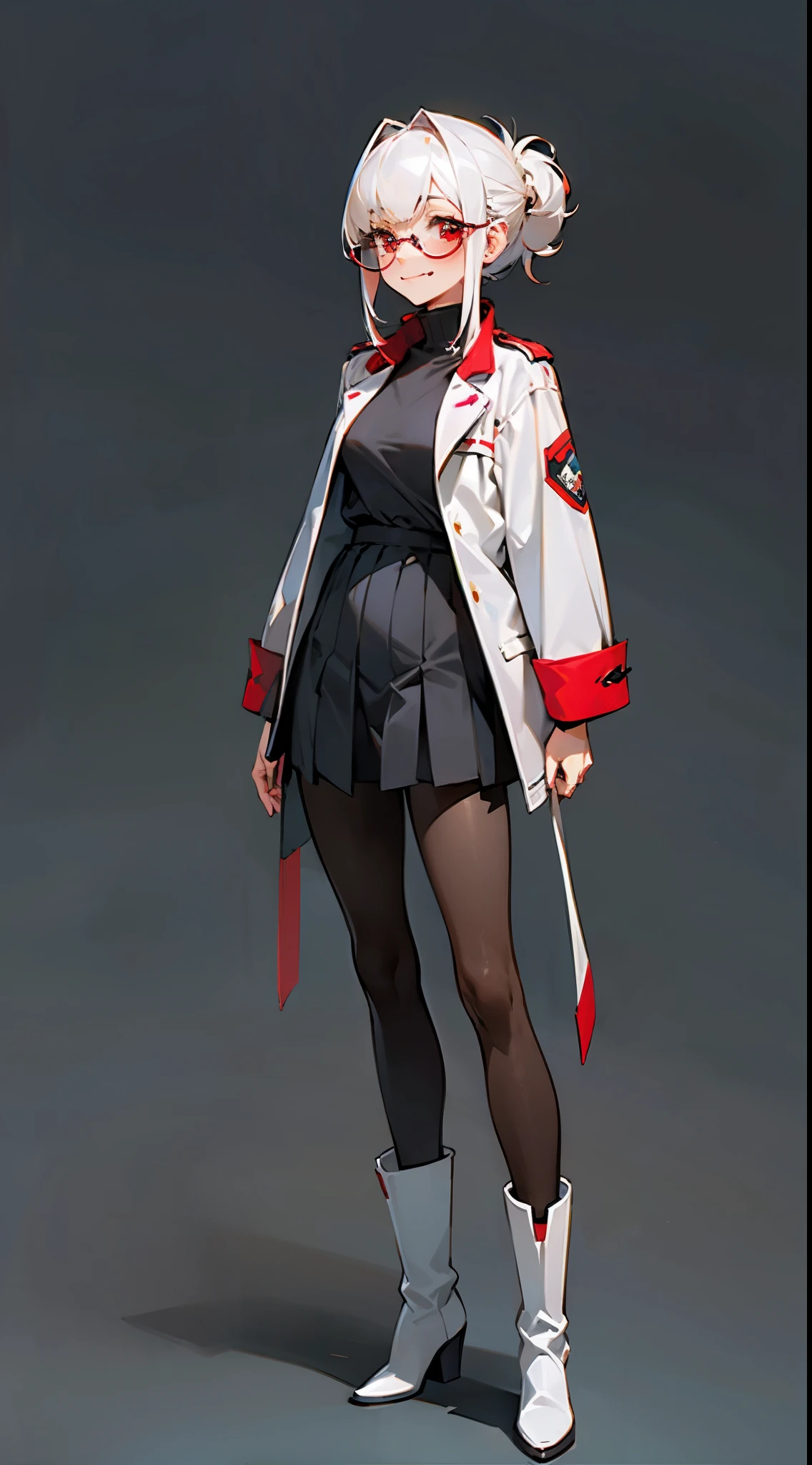 masterpiece, best quality, 8k, ultra detailed, a woman, smiling, (concept art, official art,full body), simple background, ((1) chignon)), white hair, red eyes, asymmetrical bangs, slender, (futuristic uniform), ((black pantyhose)), (((white) long boots)), pleated skirt, white jacket, (red frame) wayfarer glasses, (black) turtleneck, 18years old, cute,