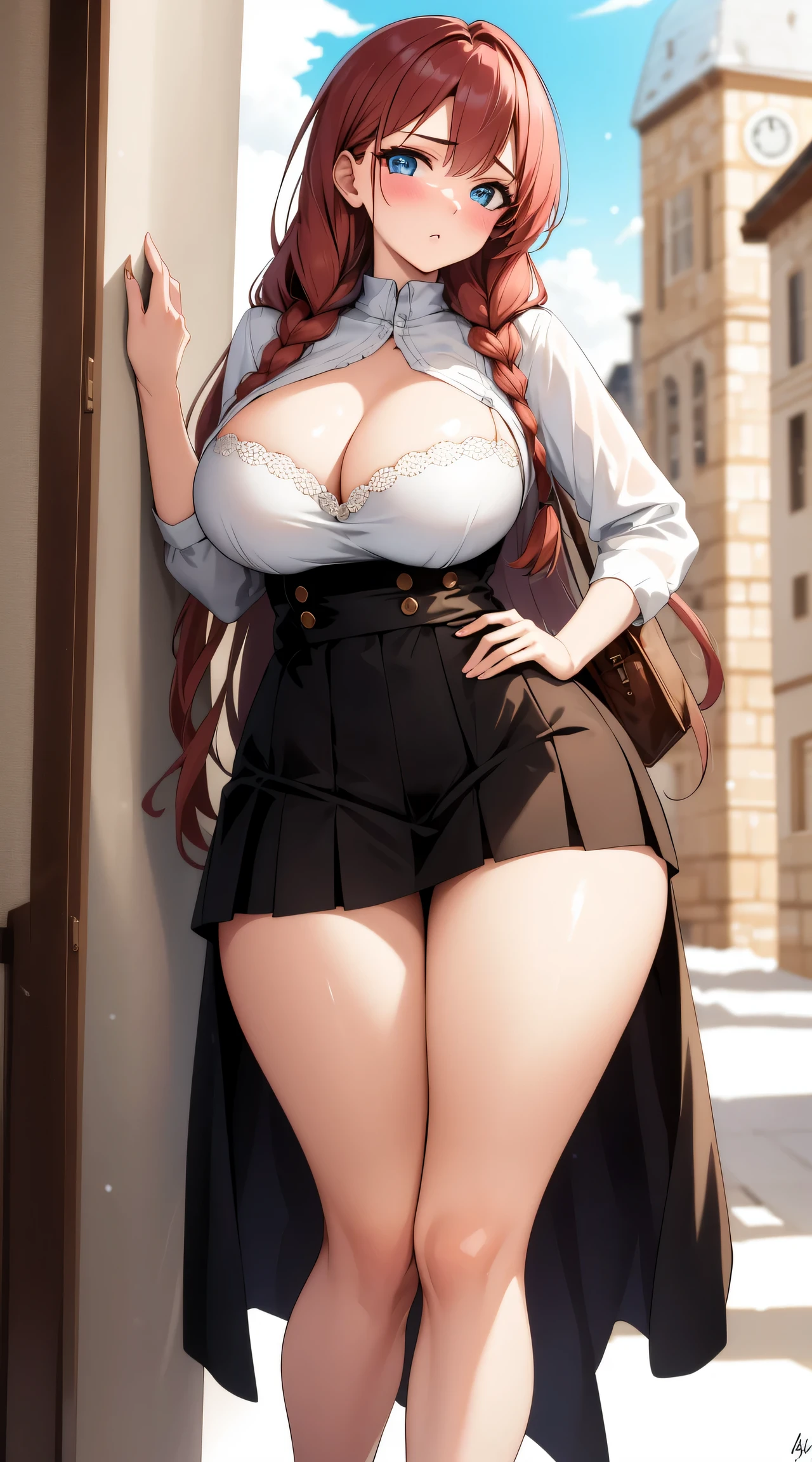 woman, ((Masterpiece, best quality)), full body view, sexy, bursting huge breasts, detailed skin, Anna from Frozen clothes, highly detailed, cinematic lighting, ultra realistic, blush, looking at viewer, anna, anna from frozen, princess, disney, brown hair, long hair, portrait, outdoor, snow, cleavage, large breasts, wide hips, full body view, tall,
skirt, miniskirt, microskirt, pleated skirt, thighs,