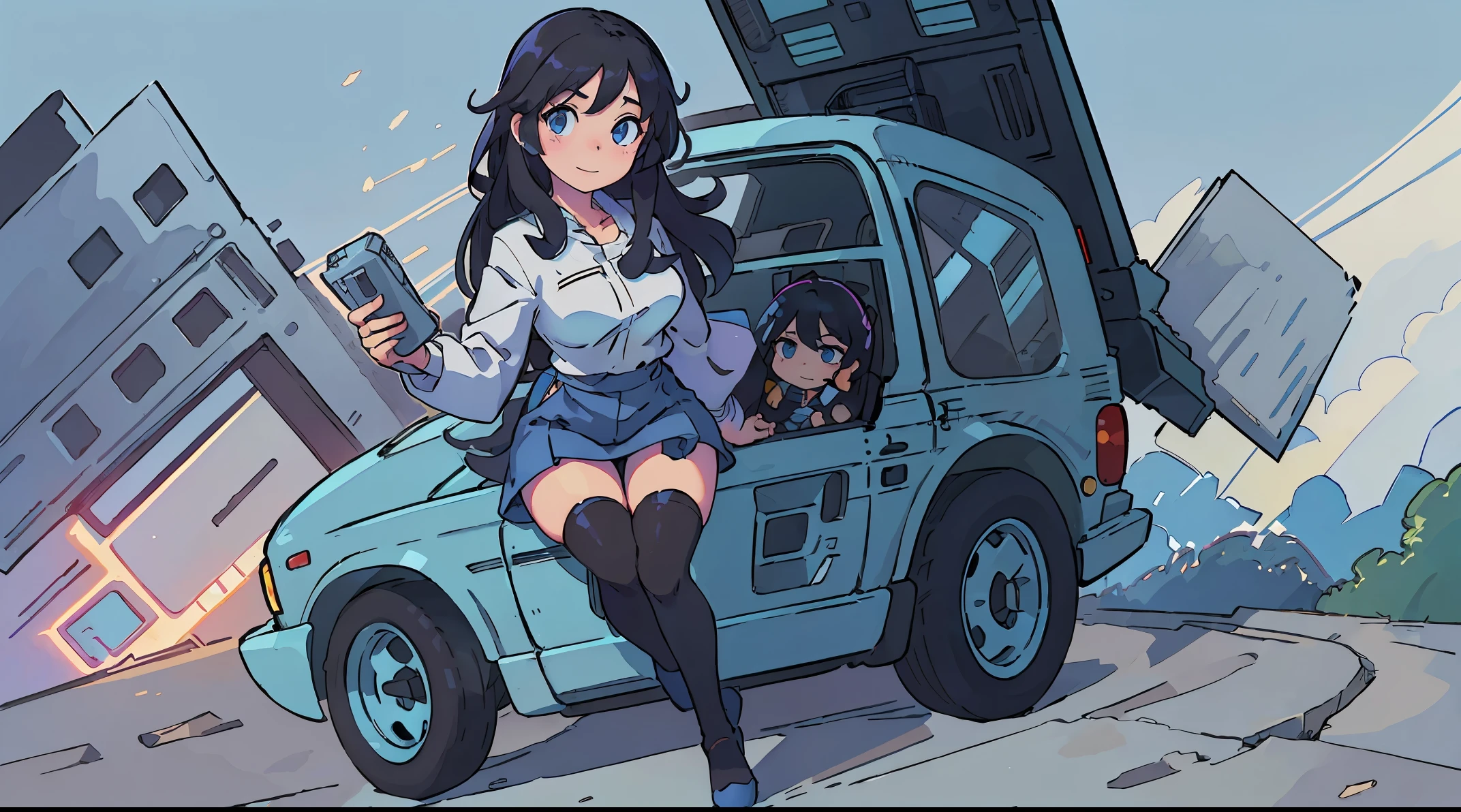 16 K, nffsw, Ray tracing, nffsw, A hyper-realistic, hight resolution, Wide angle shot, Best Quality, masutepiece, Full body image, (Perfect anatomy ), Long Black Hair, happy chuckle, Blue eyes, , Looking at the camera, morning hour, Anime style, Trending on ArtStation, wlop, sakimichan, awardwinning, amazing composition, Perfect, Great lighting, Leaning on a classic van, 1Car, Car Girl, A racing girl