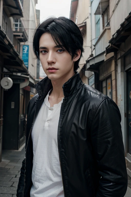 a guy with black hair, pale skin, blue eyes, korean, anime realistic 4k cool background