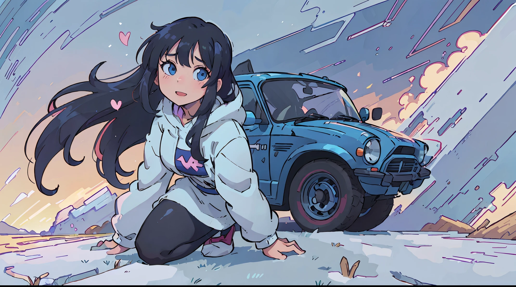 16 K, nffsw, Ray tracing, nffsw, A hyper-realistic, hight resolution, Wide angle shot, Best Quality, masutepiece, Full body image, (Perfect anatomy ), Long Black Hair, happy chuckle, Blue eyes, , Looking at the camera, morning hour, Anime style, Trending on ArtStation, wlop, sakimichan, awardwinning, amazing composition, Perfect, Great lighting, Leaning on a classic van, 1Car, Car Girl, A racing girl