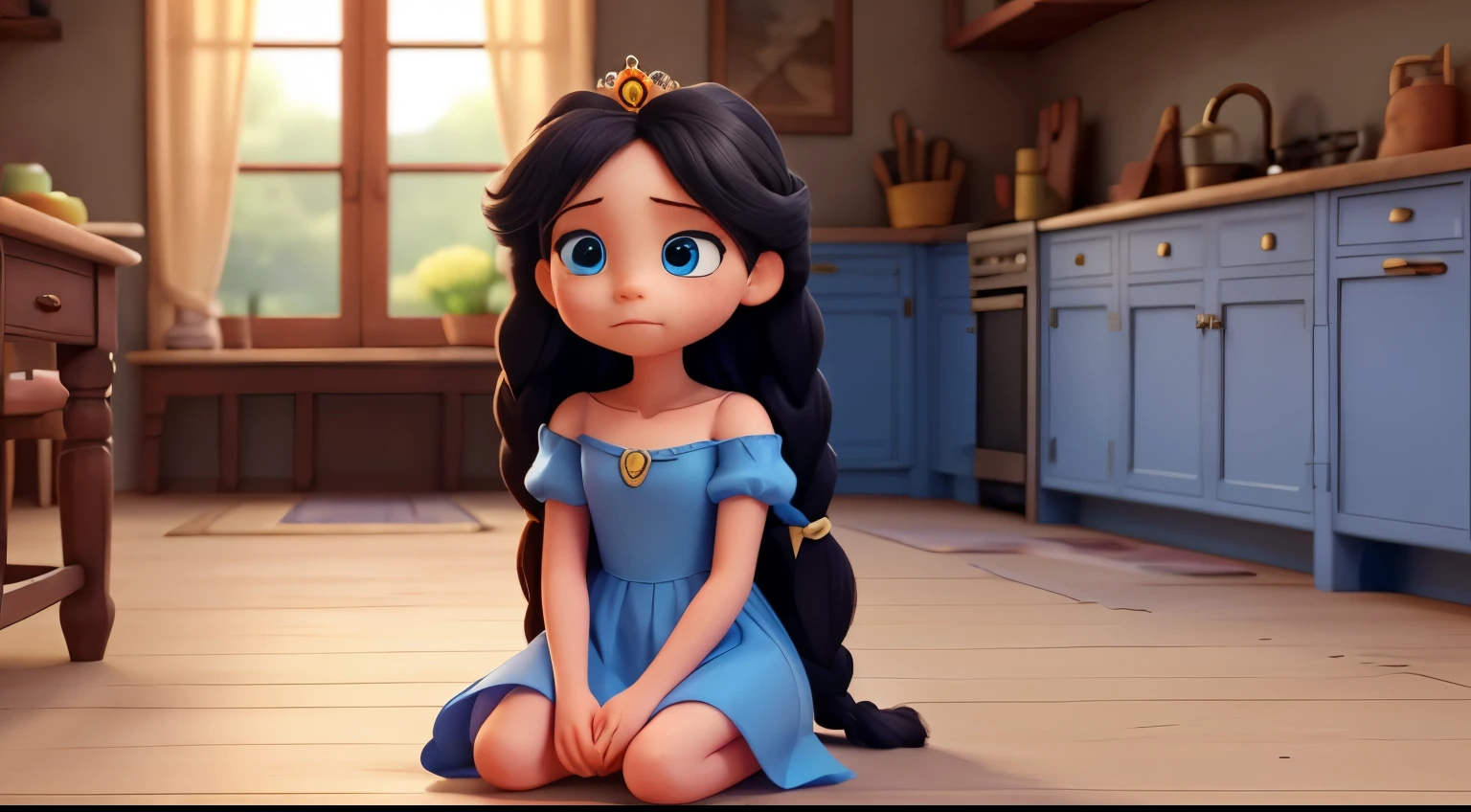 The good princess has long black hair, blue eyes, fair skin, and wears a very modest blu dress. She has two braids that cascade down to her shoulders. The princess is sitting on the ground and is sad. In the background old kitchen