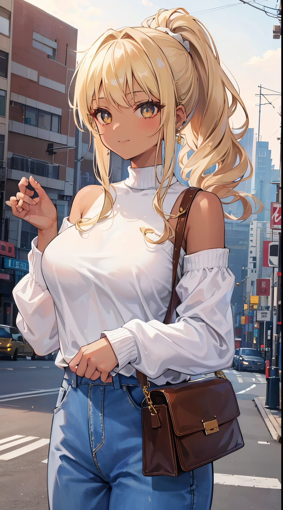(8K、Top image quality、top-quality、masterpiece)、A detailed face、1 girl in、Blonde shorthair、ponytail、wavy hair、Golden eyes、piercings、((Brown skin))、((skin tanned))、A slight smil、very Bigger breasts、White sweater、long-sleeve、off shoulders、Strapless、denim long trousers、Black shoulder bag、cowboy shot、City background
