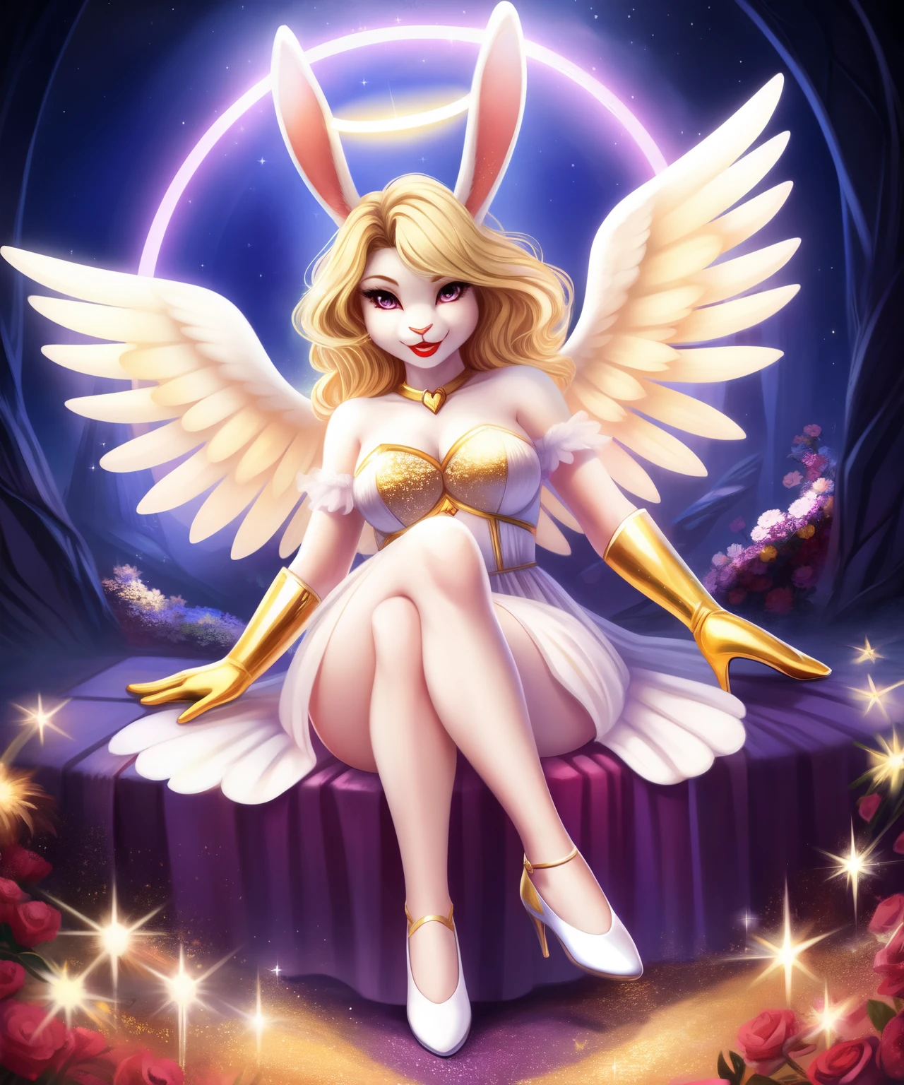 Female anthro blonde rabbit as an angel, halo, white soft wings, red lipstick, white and gold long gloves, rabbit ears, looking at you, ladies shoes, toe nail polish, Heaven falls, sparkles, heart trees, heart flowers