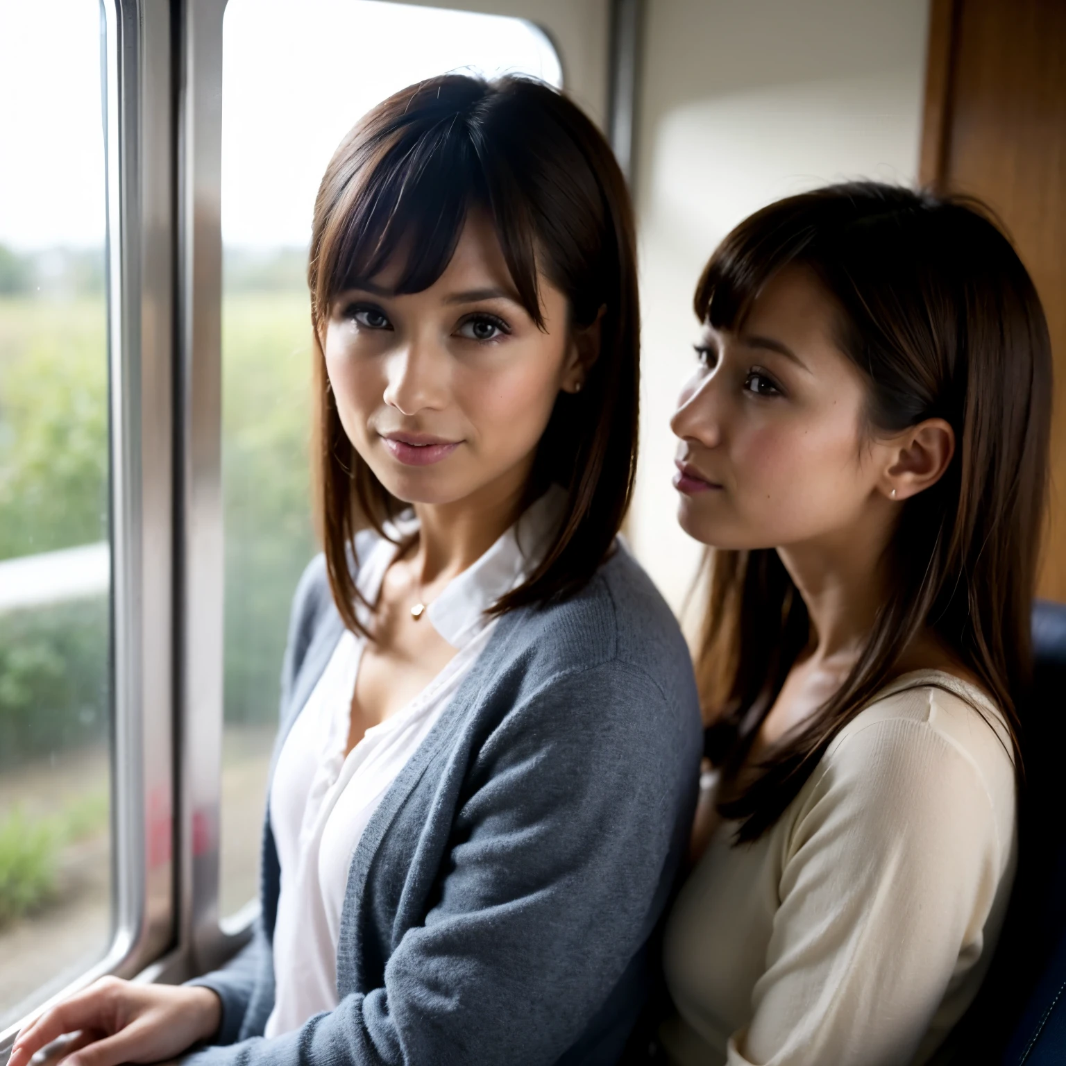 two people、肩抱きする一卵性双Unripe児姉妹, Water drops on window, Heavy rain outside, Strong fluorescent light, 25 I, (Bangs Hair:1.2),  (desaturated hair,  Medium Long Hair:1.36),Faint lips, Cowboy Shot, Front view, Wear a school uniform , on train, countryside view, window, sitting in the seat, her peaceful expression and gentle breathing create a calming atmosphere,, Natural Skin Texture, Hyper-Realism, nffsw, hyperdetails, Unripe, photoRealistic, Best Quality, hight resolution, Realistic, 8K, Caustics, Dinamic Light, Beautiful and delicate lips, Delicate fingers, Detailed pupil, Real Human Skin,