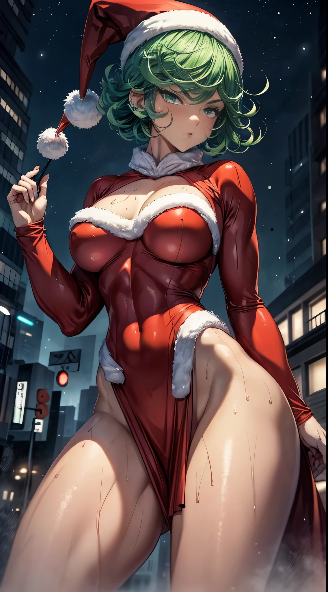 (((1 girl))), wearing Santa's hat, (Tatsumaki of a punch man), (((short green hair))), (green eyes), small chest, (((wearing sexy red outfit of Santa Claus with very short skirt))), (((full body view))), (in the city of Tokyo Japan at night with starry sky and full moon in the sky), (((beautiful and muscular legs all wet) )), thin waist, abdominal muscles, big body photo asull))), red high heels wearing me with my hands on my waist in a bad mood ), (((grumpy))), ( HDR), eye reflection , extended eyes, extended eyes, Moody, anime, minimalism, anime style, ray tracings, cinematic lighting, cinematic lighting, shine, shine, JPEG artifacts, bright light, god rays, ray tracings, drop shadow, panorama , Sony FE, from behind, Underneath, Underneath, UHD, master piece, precise, precise, anatomically correct, Super Detail, high quality, best quality, very high, 16k