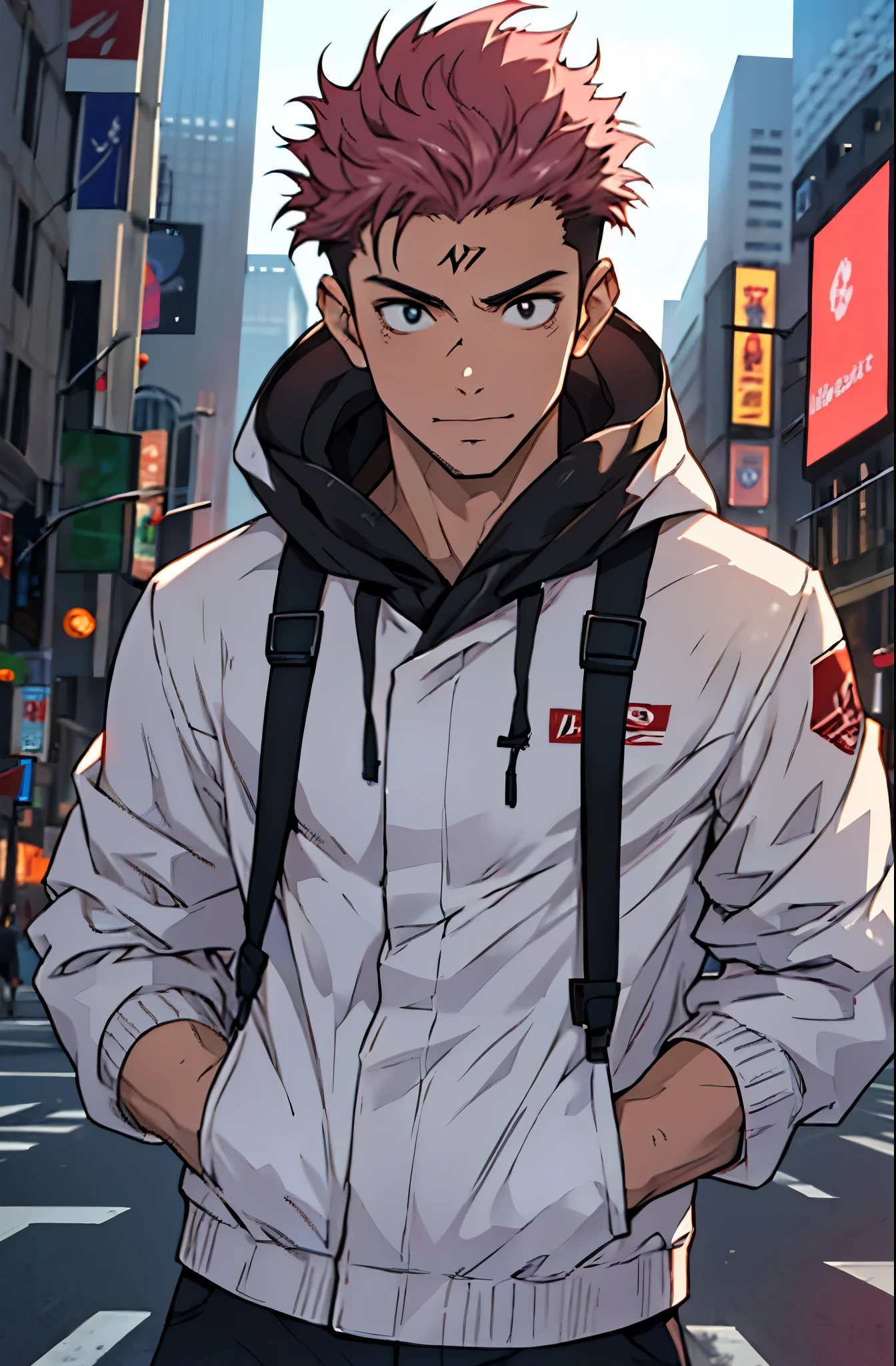 A mais alta qualidade, 8K, image high resolution, (Imagem da Cintura pra cima), good ilumination, sombras detalhadas, Detailed strokes, no meio de uma avenida movimentada estilo Times Square de noite nevando , inverno, apoiado em um dos postes, adolecente, Yuji Itadori, Dark Pink Hair , wearing a cold jacket , masculo, chest a little tight in the shirt , (angulo de baixo), (Angulo de Perto), pernas definidas, defined arms, abdomen definido, com a camisa,