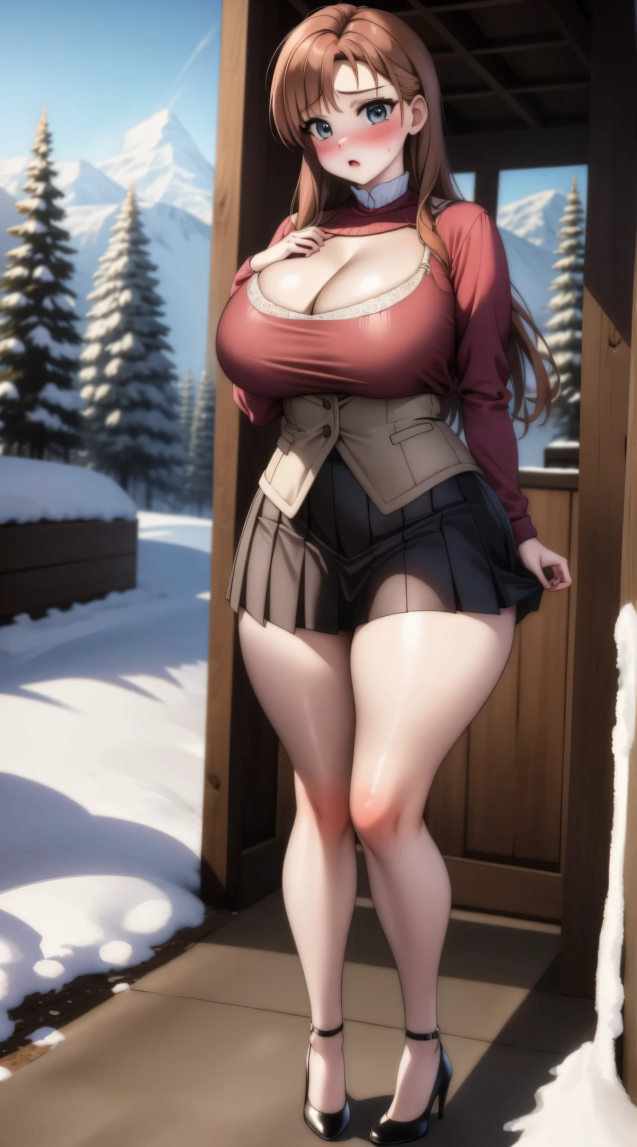woman, ((Masterpiece, best quality)), full body view, sexy, bursting huge breasts, detailed skin, Anna from Frozen clothes, highly detailed, cinematic lighting, ultra realistic, blush, looking at viewer, anna, anna from frozen, princess, disney, brown hair, long hair, portrait, outdoor, snow, cleavage, large breasts, wide hips, full body view, tall,
skirt, miniskirt, microskirt, pleated skirt, thighs,