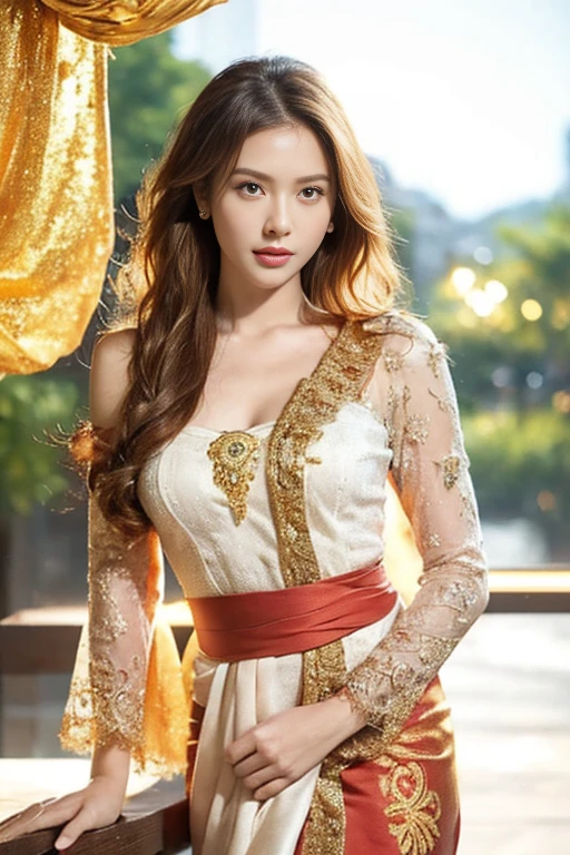 Photorealistic Production, (One Person), (Realistic Image of a 25 Years Old British Female Model), (Shoulder-level Wavy Ginger Hair:1.6), (Athletic Body Builds:1.4), (Pale Skin:1.4), (Wearing a White Ornated Kebaya Dress with Silk Cloth and Golden Jeweleries:1.6), (Serious Face), (Deep Cleavage), (Elegant Pose:1.6), Centered, (Waist-up Shot:1.4), From Front Shot, Insane Details, Intricate Face Detail, Intricate Hand Details, Cinematic Shot and Lighting, Realistic Colors, Masterpiece, Sharp Focus, Ultra Detailed, Taken with DSLR camera, Realistic Photography, Depth of Field, Incredibly Realistic Environment and Scene, Master Composition and Cinematography