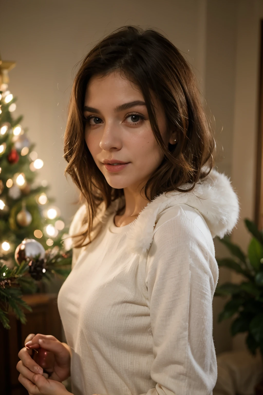 girlon the background of christmas decorations