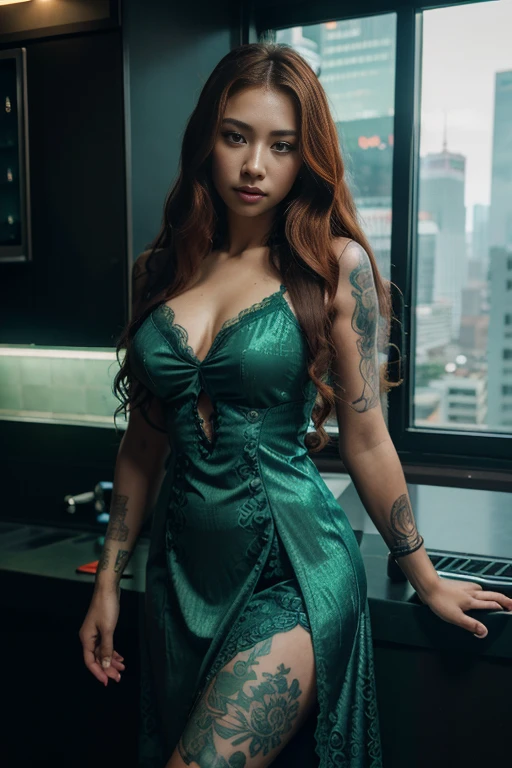 there is a woman sitting on a bed with a tattoo on her arm, posing in a bedroom, lit from behind, seductively looking in front, shot from the back, very sexy outfit, sitting on the bed, shot from the side, sitting on her bed, asian nymph bald goddess, japanese goddess, opened dress, on knees, revealing outfit, sexy dress