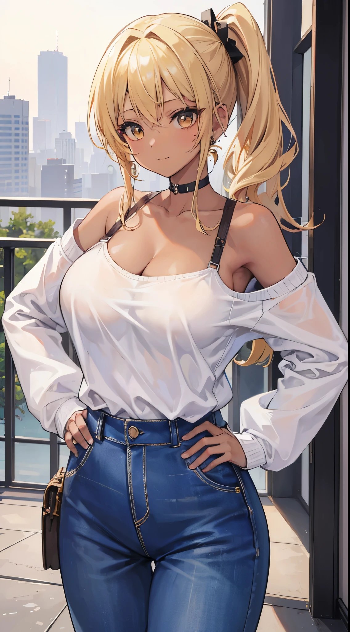 1girl, anime girl, anime, (dark skin), 2d girl, 18y, (fullbody), standing, anime girl, pensive, (blonde hair), ((black blouse)), Solo, Slim, large breasts, big , big Breasts, Tight Shorts, low waist shorts, upshorts, skyscrapers background, modern city, looking at viewer, darker shadows, (((Wedgie))), (((explicit))), (((shorts))), (((absurdres))), (((thigh gap))), (((cameltoe))), (((cleft of venus))), (((lowleg shorts))), (((innie pussy))), (((inniepussy))), (((innie_pussy)))