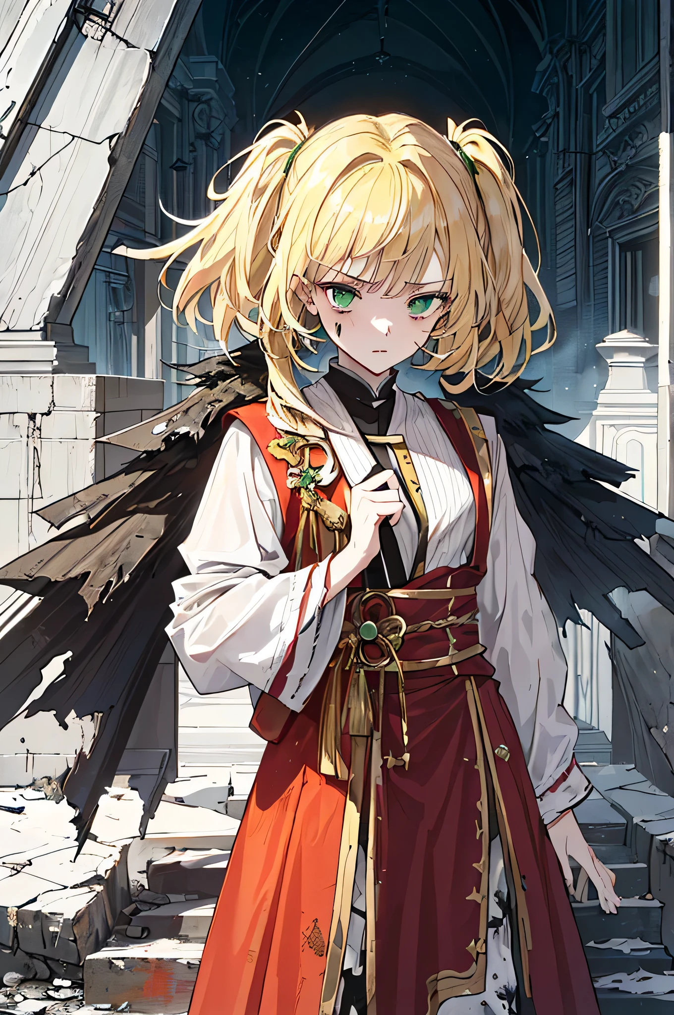 ((((Dramatic)))、(((grittiness)))、(((vehement))),Dressed in costume、He had a determined look on his face..。Bright green eyes,Blonde hair,holy costume,((1 girl)),holy,