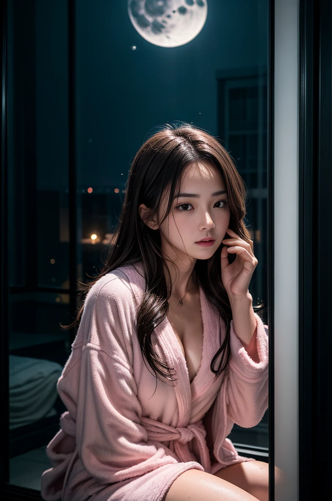(Photoreal Stick:1.5, masutepiece:1.5, 8K), (top-quality, ​masterpiece, 超A high resolution), Perfect dynamic composition, Professional camera work:1.4, Highly detailed skin and facial texture:1.3, Mystical portrait:1.3, Grow Light Effect, The ultra-detailliert, 1girl in, ((Night view from inside the building, Pitch black room:0.9, The moonlight at night shines through the glass)), (Pink bathrobe), Model body type, Clear face, (Beautiful and seductive eyes:0.9, Enraptured look:1.0, i love you completely:0.8, A mouthfeel that feels beautiful eros:0.7), (Wet dark brown medium hair), the chest is medium, a necklace, (Leaning against the window, Sit up), ((seductiv))