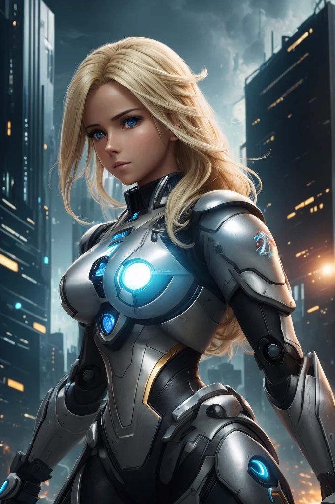 a beautiful busty European robot girl with blonde hair, wearing see through battle uniform, in a dystopian city landscape, high definition, detail