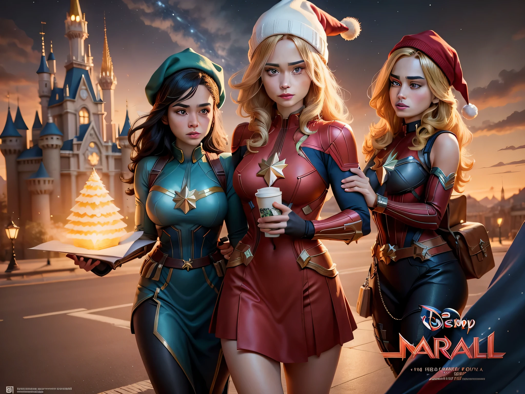 a poster for a Disney Pixel cartoon with three heroines, sendo lider a HEROI DOS DESENHOS Mulher-Maravilha usando Gorro EM CLIMA DE NATAL,  A BACKPACK ON YOUR BACK in leadership, behind comes Captain Marvel, com mala de viagem de rodinhas e a SUPER GAROTA, usando o gorro do papel Noel, all three looking at me, proportions made, Imagem centralizada, visualmente rico, realista, Mschiffer, Pixel Disney 3D, organic and textured landscapes, DAZ3D, material de grupo, realista, --AR 3:2nd Disney Pixel poster