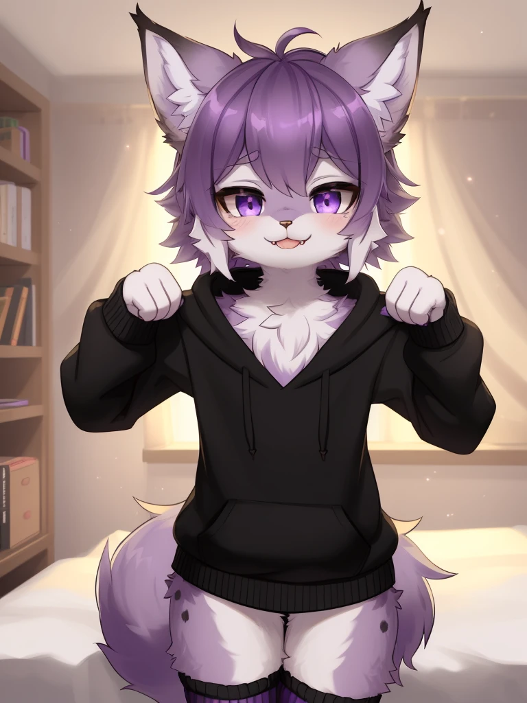 Furry male, eyeliner, eyelashes, (((black eyeshadow))), ((male focus)), lynx, (((purple fur))), (purple hair), furry, cute fangs, cute, medium hair, furry, anime style, fluff, fluffy, thuft, disheveled, realistic fur, detailed, detailed shadows, cheeks fluff, ((fullrender)), (((neck fluff))), <3 eyes, icon portrait, avatar icon, only face, smug face, ((super fluffy)), (upper body), one fang, ((shoulder fluff)), ((shoulder tuft)), ((hairy body)), (((fluffy body))), (((furry body))), thicc thighs, detailed hands, yiffy, teasing face, ((bedroom background)), (((kemono))), ((leg warmers)), ((arm warmers)), upper body, seductive pose, solo focus, ((by jinxit)), pawpads, claws, blush, :P, sitting, crotch fluff, (view from between the legs), (by kilver), penis, nipples, hair accessories, hair ornaments, ((muscular male)),