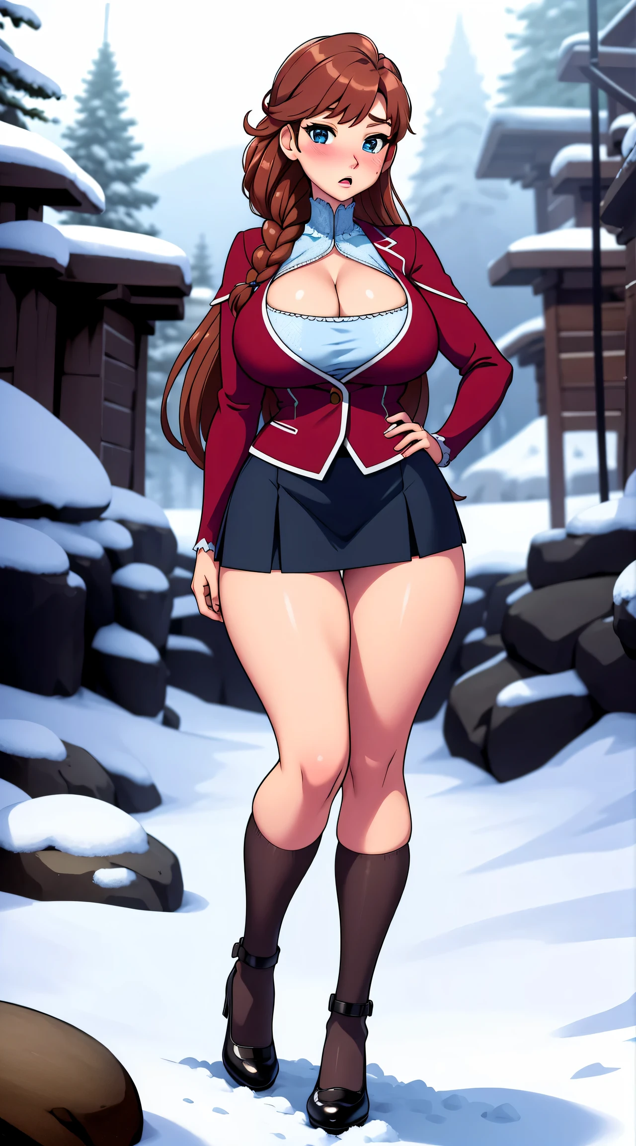 woman, ((Masterpiece, best quality)), full body view, sexy, bursting huge breasts, detailed skin, Anna from Frozen clothes, highly detailed, cinematic lighting, ultra realistic, blush, looking at viewer,  anna, anna from frozen, princess, disney, brown hair, long hair, portrait, outdoor, snow,  cleavage,  large breasts,  wide hips, full body view, tall, 
skirt, miniskirt, microskirt, pleated skirt, thighs,