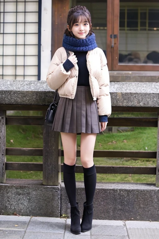 Wearing a down jacket、Japan Beautiful Girl、、Knitted skirt、knit tights、Mouton Boots、