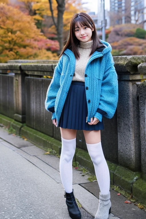 Wearing a down jacket、Japan Beautiful Girl、15yo student、Knitted skirt、knit tights、Mouton Boots、