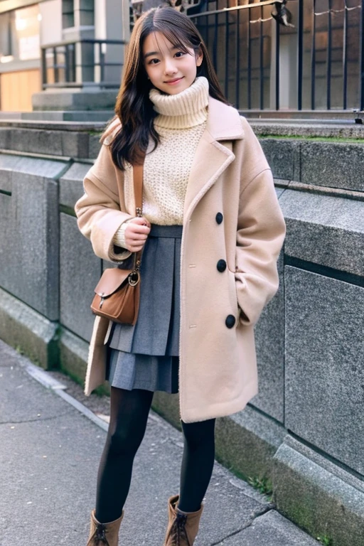 Wearing a down jacket、Japan Beautiful Girl、、Knitted skirt、knit tights、Mouton Boots、