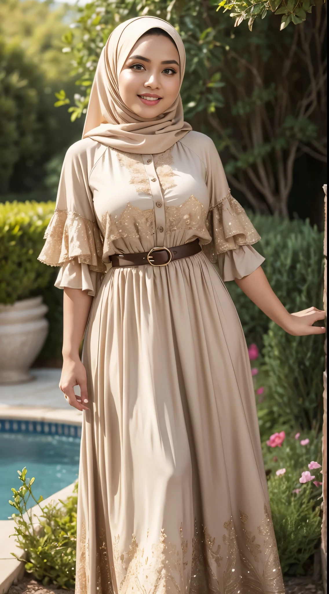 RAW, Best quality, high resolution, work: 1.3, beautiful Malay woman in hijab, beautiful big eyes, smiling, beautiful face, shiny lips, soft smile, medium portrait, watery eyes, big breasts, woman in skirt and beige blouse, long skirt dress, posing seductively and sexy in front of the camera with a background behind garden flower (bokeh) , flowing dress, sophisticated dress, with teal clothes, multi-layered clothes, fully covered dress, brown dress, graceful dress, wearing an elegant dress, women's long dress, she wearing a skirt and beige blouse, long skirt ,