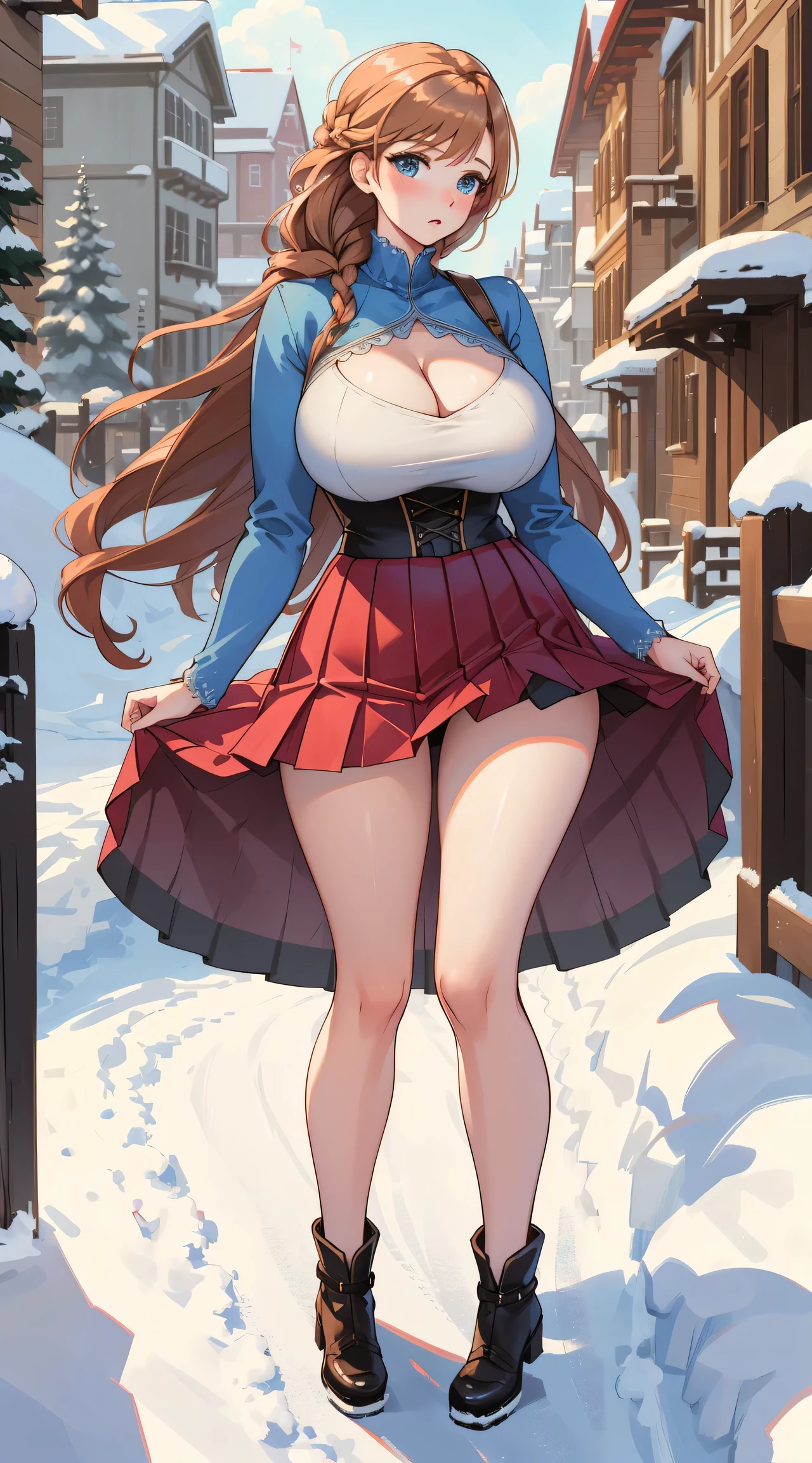 woman, ((Masterpiece, best quality)), full body view, sexy, bursting huge breasts, detailed skin, Anna from Frozen clothes, highly detailed, cinematic lighting, ultra realistic, blush, looking at viewer, anna, anna from frozen, princess, disney, brown hair, long hair, portrait, outdoor, snow, cleavage, large breasts, wide hips, full body view, tall,
skirt, miniskirt, microskirt, pleated skirt, thighs,